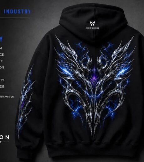 Blue flame graphic on black hoodie close-up - supplied product visual