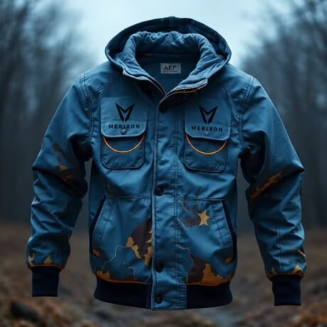 Blue hooded jacket outdoor close-up - supplied product visual
