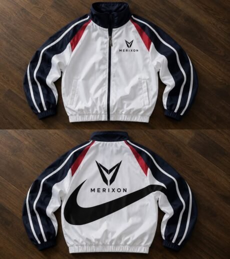 White navy and red zip sports jacket front and back - supplied product visual