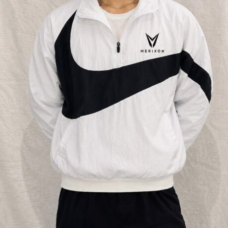 White black panel hoodie worn by model - supplied product visual
