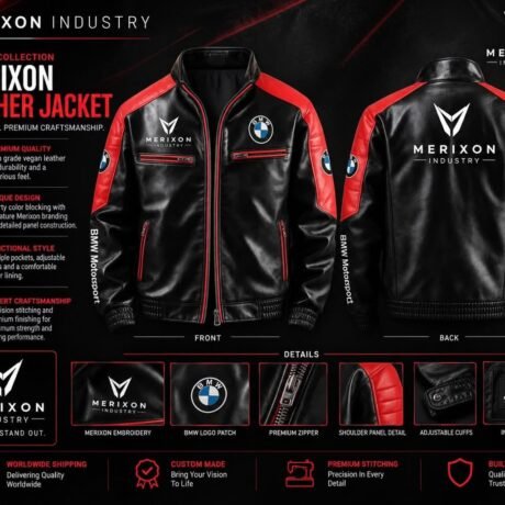 Red and black motorcycle-style jacket promotional sheet - supplied product visual