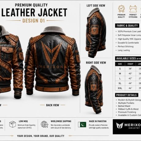 Brown black motorcycle jacket technical sheet - supplied product visual