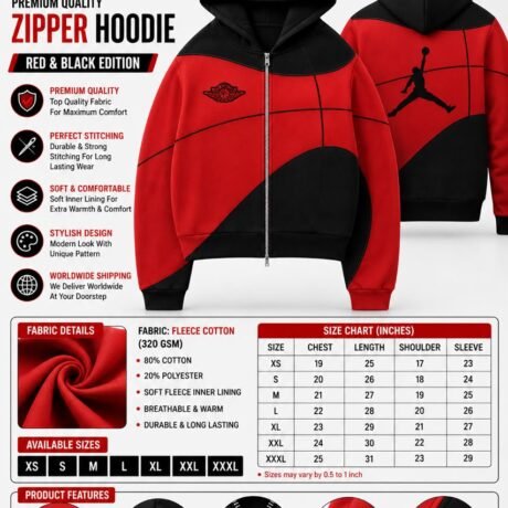 Red black hooded sweatshirt technical sheet - supplied product visual