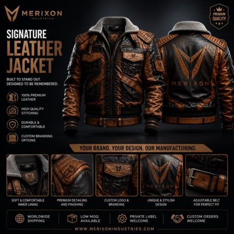 Brown and black rider jacket front back specification display - supplied product visual