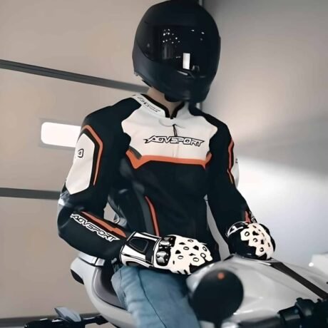 Black white orange motorbike jacket model photograph - supplied product visual