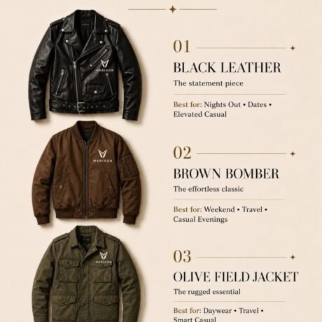Assorted black brown and olive jacket colorways - supplied product visual