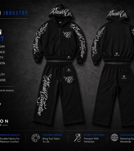 Black graphic hoodie and track pants collection display - supplied product visual