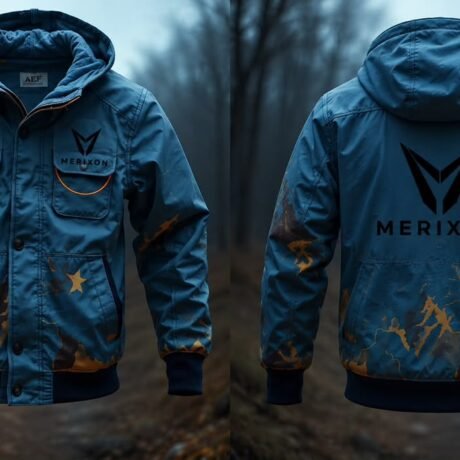 Blue hooded outdoor jacket front and back artwork - supplied product visual