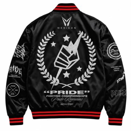 Black red white printed varsity jacket back - supplied product visual